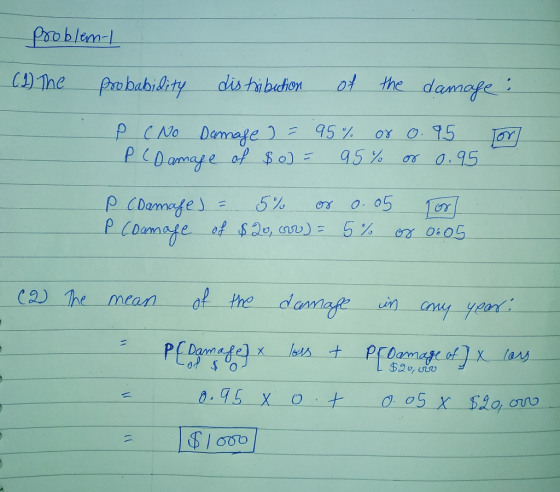 problem- (1) The probability distribution of the damage : Tor e C No Damage P. (Damage of = 95% or $0) = 95% 0.95 or 0.95 P (