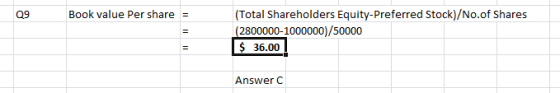 09 Book value Per share = (Total Shareholders Equity-Preferred Stock)/No.of Shares (2800000-1000000)/50000 $36.00! Answer C