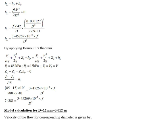 h₂ = hgthm fLV? +0 2gd 0.000127 fx42 D4 D 2x 9.81 3.45269x108xf h; PzV +2, +h; By applying Bernoullis theorem P. ² + +Z2 +hp