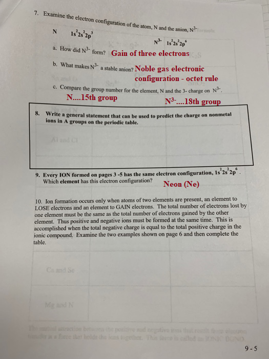 7. Examine the electron confi a. How did N3 form? Gain of three electrons b. What makes N3- a stable anion? Noble gas electro