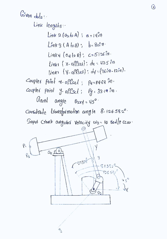 Given data Link lengthe:- Link 2 (03.40 A) : a:14pm Link 3 (A to B); b-8097. Linky (OH to b); C-51-26 in Linki ( x-offset); d