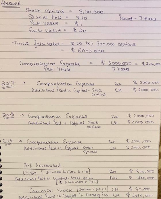 ANSWER Stock options - Strike Price = You value = Vowe = 3,00,000. $10 $1 20 Peniad - 3 years Total fain value = = $20 (x) 30