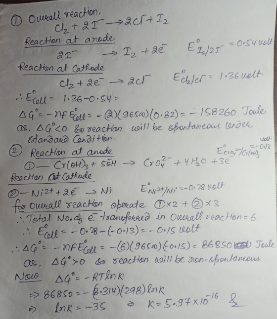 0 Overall reaction, I Cl₂ + 2 I 201+ Iz E2/25 = 0.54 volt - volt --~0013 Reaction at anode 21 > 12 +2e Reaction at Cathode Cl