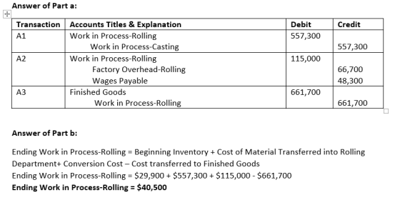 Answer of Part a Transaction Accounts Titles & Explanation Credit Debit Work in Process-Rolling A1 557,300 Work in Process-Ca