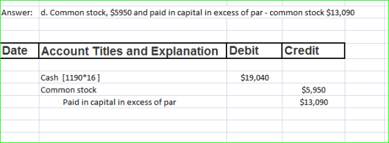 Answer: d. Common stock, $5950 and paid in capital in excess of par - common stock $13,090 Date Account Titles and Explanatio