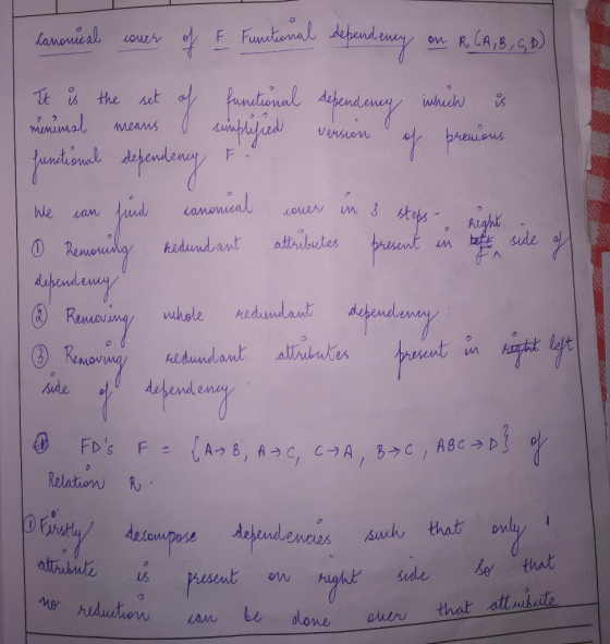 Canonical cover It is the set minimal means Version of previous of E Functional dependency on R (A, B, C, D) functional iwhic