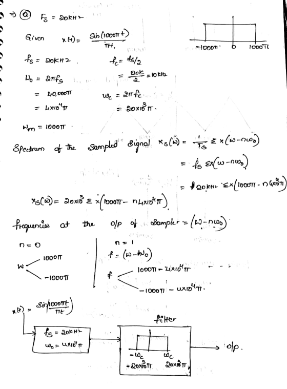 مل Fs = 20KHZ Given X(t) = Sis (1000 €) T. 10007 1000Th fs = = 20KH2 fc = €6/2 20K -lo kita No afs Wc = 40,000TT = 4x10477 21