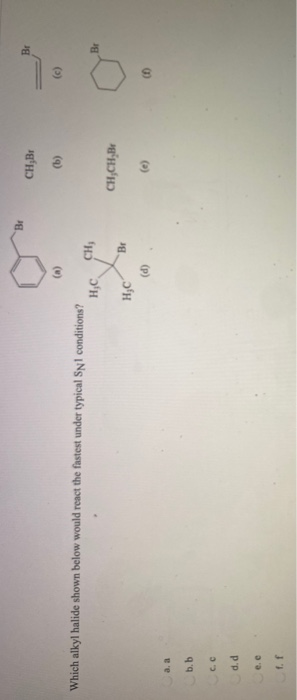 CHLB Br Which alkyl halide shown below would react the fastest under typical Snl conditions? HC CH; Br CHCHB HC Br (d) ( a. a
