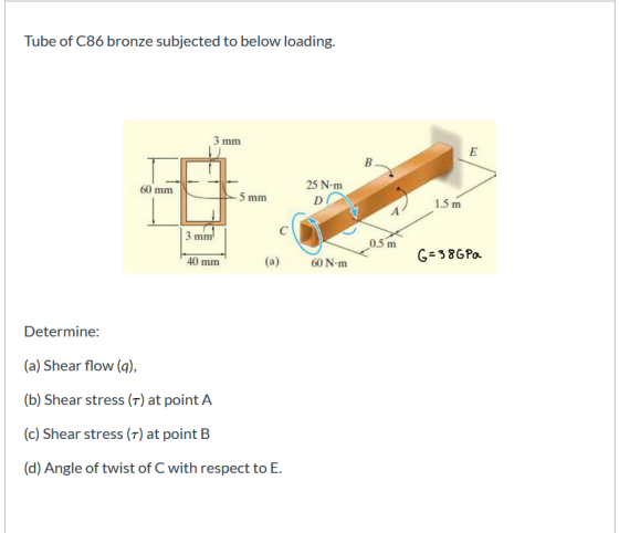 Tube of C86 bronze subjected to below loading. 3 mm mm 5 mm 25 N·m DO 4 1.5 m (a) 60 Nm G=38G Pa Determine: (a) Shear flow (a