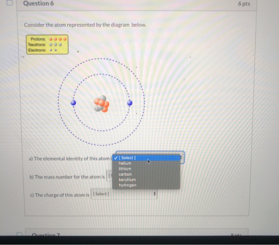 Question 6 6 pts Consider the atom represented by the diagram below. Protons: Neutrons: Electrons: a) The elemental identity