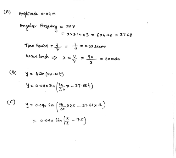 (A) Amplitude o.oam Angular frequency = 200 = 2 * 3.14 X3 = 6X6.28 = 37.68 Time Period = 1 = 1/3 = 0.33 second wave leagh =>