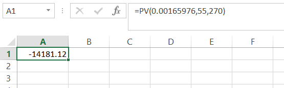 A1 X ✓ fx =PV(0.00165976,55,270) B с D E F А -14181.12 1 2 3
