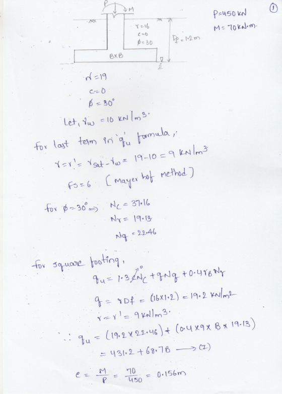 p=450 kn M = 70knem. r=16 cao 0=30 De = 1.2m BXB N=19 C=0 6 = 30° que Let, iw = 10 kN lms for last term in formula, Varav sat