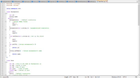 #include <iostream> #includeくstring> using nanespace std; class salesperson int id string nare: 10 pubiic: Salesperson/defaul