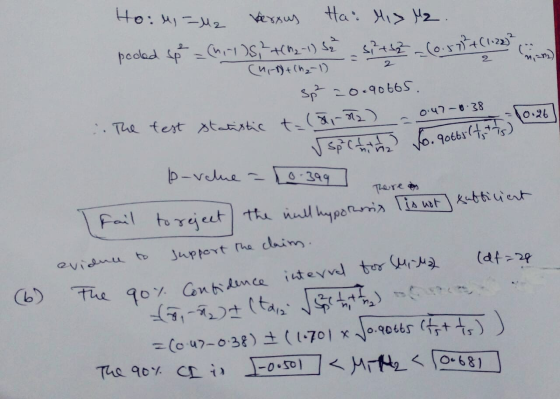 7 2 nin nen2 Ho: =2 versus Ha: Mix Me. pooled spe=(n-1), ²+(22-1) s silta (0.177+ (122) in (1-1+ (h2-1) - Sp² 20.90665. The