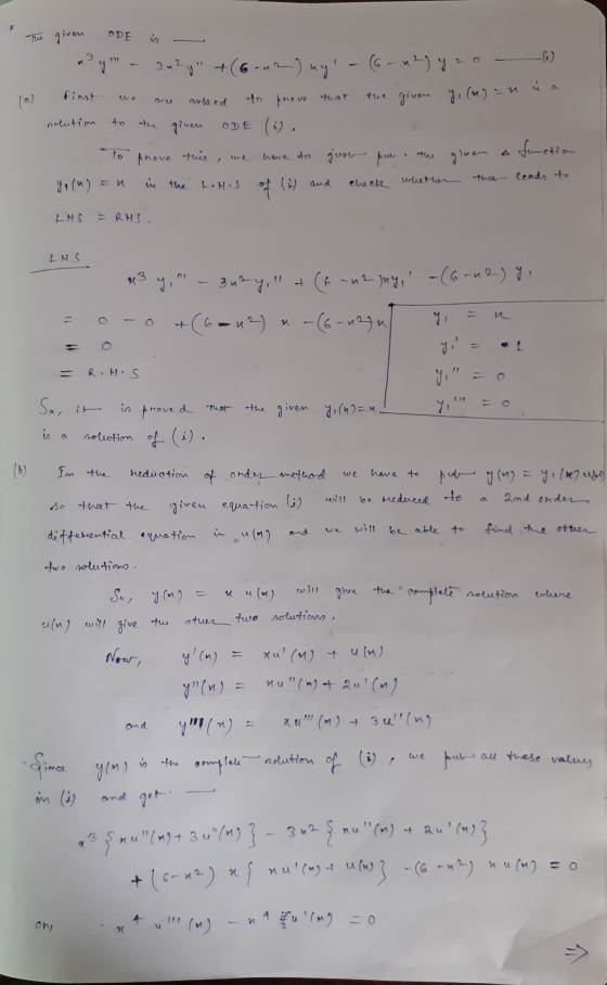 The given ODE is - mºy - 3u2y +(6-0 ) ny - (-4) = (-) (2) first we are asked to prove that the given y, (u) an is a soluti