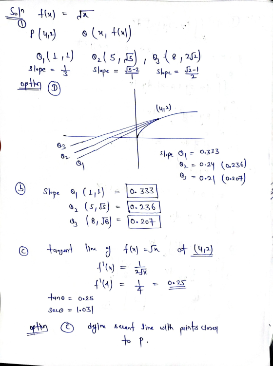 Solo tlu) Solo da P(4,2) 0 (x, f(x) 0,(1,1) 0,(5,65 Slupe Slepe = 5 option O :18,253) slope = $2 - 1 55-2 D 02 slope al = 0.3