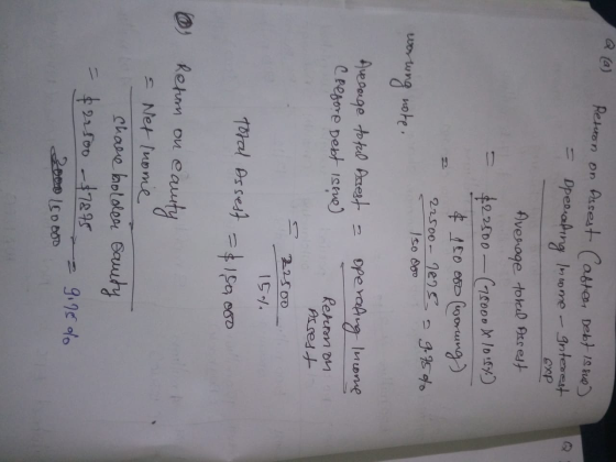 Returon - on Assest Cafter Debt Issue) Operating inome - Interest. exp Average total Assest $22500 - (78000X loisy.) + 10 6D