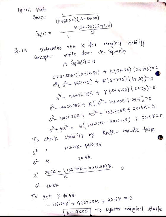 Given that Gipis) - (8+66.50)(3-66.50) Glels) = kls+-20)(5+103) - t 5 Q.17 Determine the K for Marginal stability Concept - w