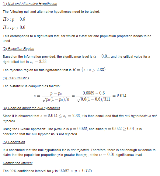 The following null and alternative hypotheses need to be tested Ho:p 0.6 Ha : p0.6 This corresponds to a right-tailed test, f