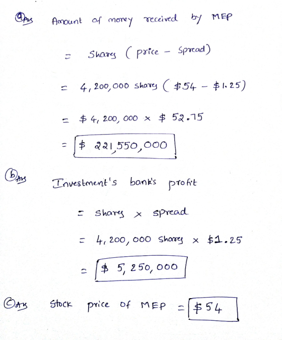 Are Amount of money received by MEP = Suang ( price - Spread) = 4,200,000 shares ($54 - $1.25) s $4,200,000 * $ 52.75 - $ 221