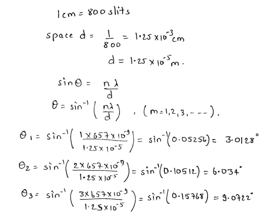 lem=800 slits I = 1.25 x 10 23 cm 800 d- = 1-25 x 10 xlom. sino = ηλ O = sin land) (m=1,2,3,---). } 0,= sint in / X657x100 =