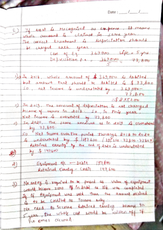Date : -- . Q. If awet is recognised as expense it means whole amount is claimed in same year. The correct treatment is Depre