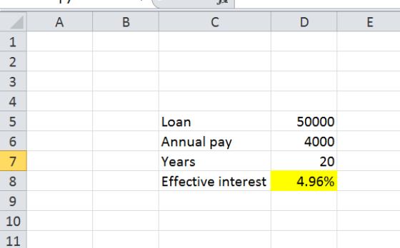 B C D 1 6 Loan Annual pay Years Effective interest 50000 4000 20 4.96% 8 9 10 11