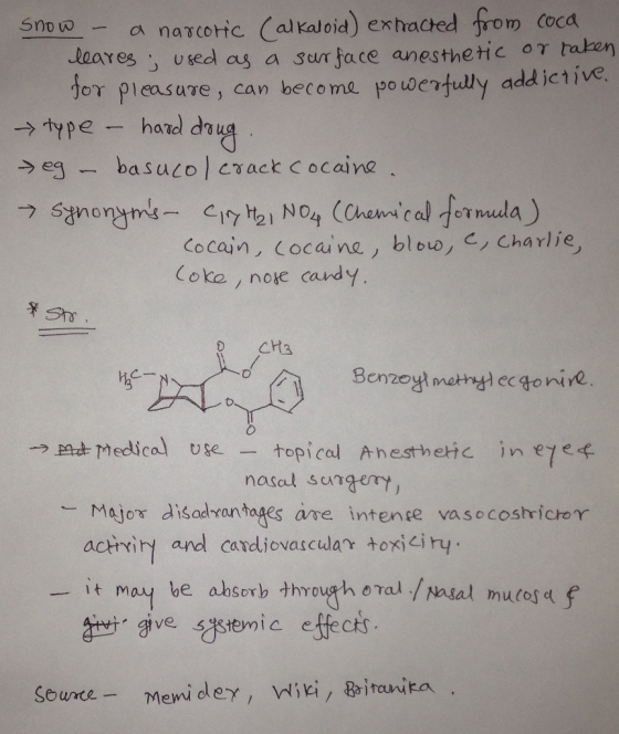 - a narcortc (alkaloid) exhaded from coca res j used as a sor face anesthetic or taken jor pleasure, can become powentully ad