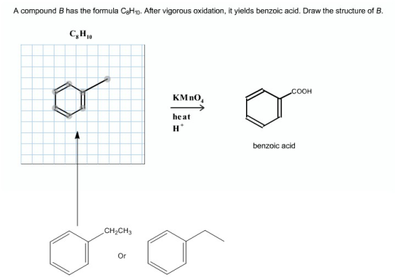 A compound B has the formula C8H. After vigorous oxidation, it yields benzoic acid. Draw the structure of B COOH KM no heat b