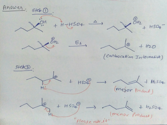 Answen steb O Он2 HO + HHS04 +HSa EL (Carbocehion Intenmedisk) Hhs04 major Prduct HL + minor froduet) Pleage ratct