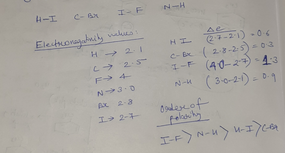 I N-H H l C-Br se HI (2.7-2-1) = 0.6 (2.8-2-5) = 0.3 C-Br Electronegativity values: H 2.1 C 2.5 F 4 N 3.0 Br 2.8 IF (4.8-2-7)