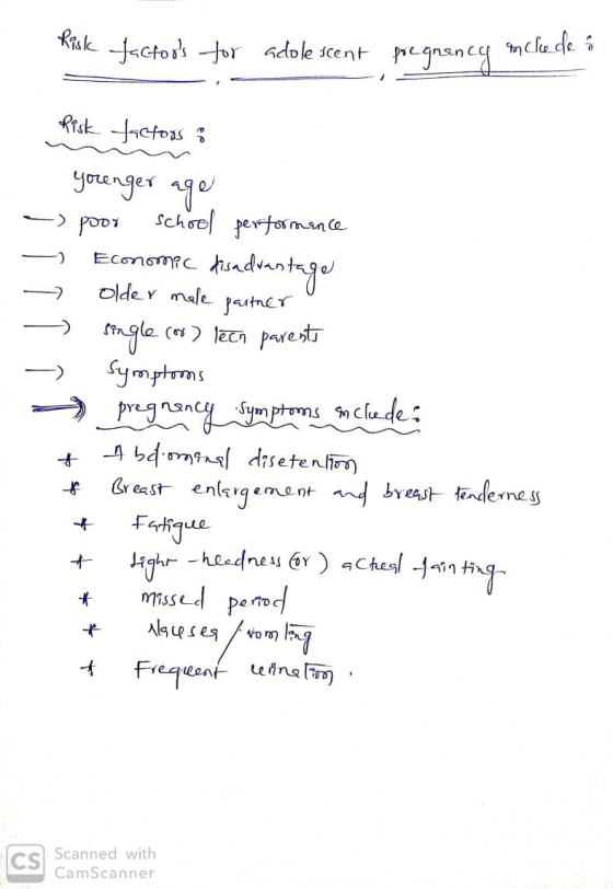 Kisk factors for adolescent pregnancy include: Risk factors i younger age – poor school performance — Economic disadvantage