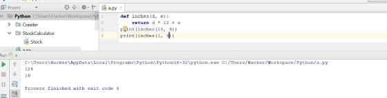 Project Python CAUsers\ Hacker Workspace Pyt 1 Crawler StockCalculator def inches (d, e) return d 12e P int (inches (10, 4))