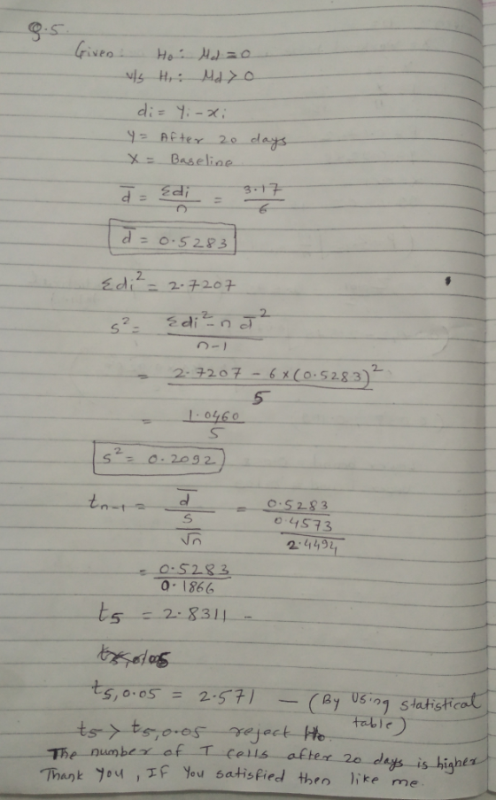 g. Given Given: Ho: Melzo wls H,: Mdyo di= Yi-xi y= After 20 days x = Baseline a = Edi = 3.17 d = 0.5283 Edi² = 2.7207 s²= {d