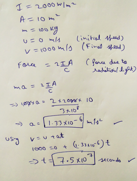 m I = 2000 wlm? A = 10m² 100 kg u=0 mis linitial speed) v=1000 mls (Final sheed) Force (force due to radiations light) ZIA -