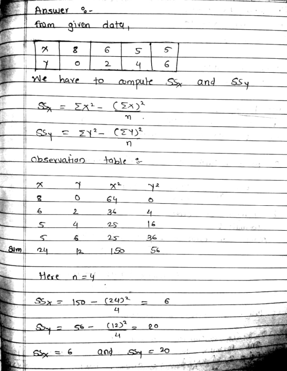 Answer :- from given 1- ४ data, 6 | 5 ssx and ssy We have to compute S> = Ex- (Ex) ssy : 21- (21) Observation table : n K/ 62