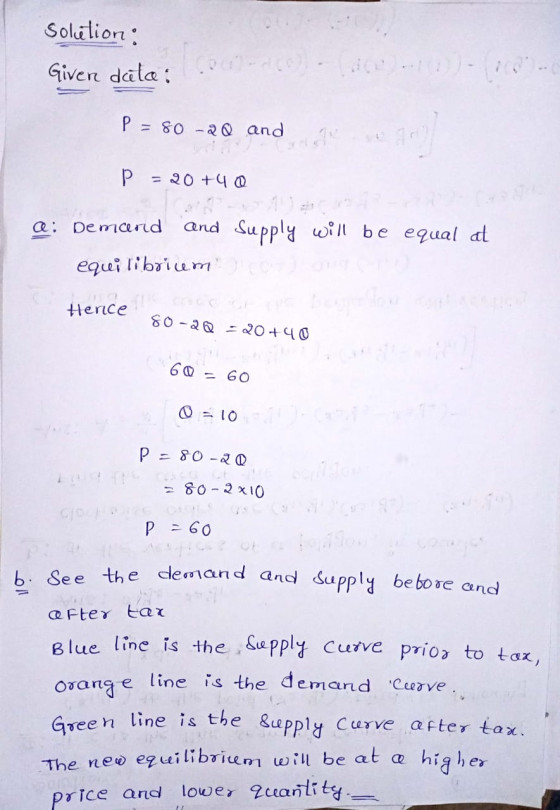 Solution: Given data: 0-100 P = 80 -20 and Р = 20+4 Q: Demand and Supply will be equal at equilibricem Hencere 80-2Q=20+40 60