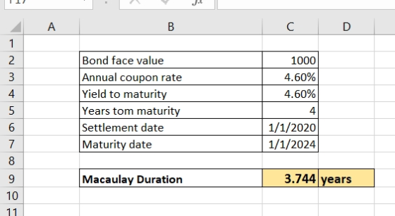 11) . Α B C D 1000 4.60% 4.60% Bond face value Annual coupon rate Yield to maturity Years tom maturity Settlement date Maturi