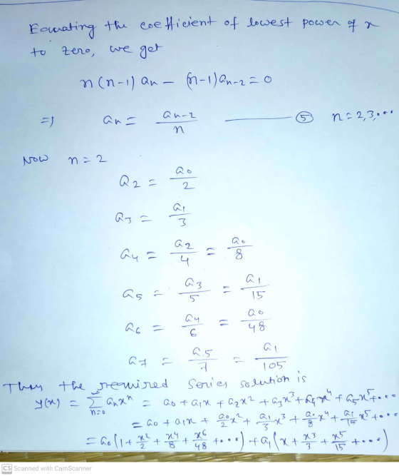 aura =) n Now n=2 a o Q2= ao 2 ar 3 series solution is Equating the coefficient of lowest power of a to zero, we get n (n-1)