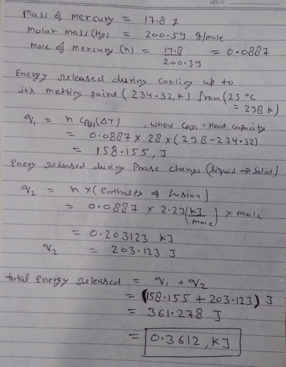 - - mass of mercury = 17.8 g molar mass (Hg) = 200.59 g/mole mole of mercury (h) = 17.8 -0.0887 200.59 Energy released during