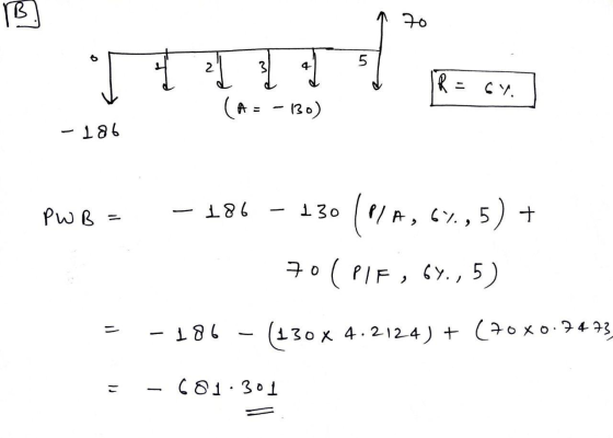 ot v (A = - 130) - 186 PWB = – 186 – 130 (1/4,64, 5) + 70(PLF , 64.,5) = -186 - (130 x 4.2124) + (70X0.7473 = -601.301