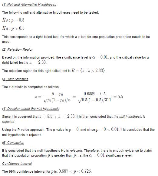 The following null and alternative hypotheses need to be tested Ho:p 0.5 на : p > 0.5 This corresponds to a right-tailed test