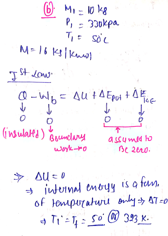 6 Mo = 10kg P = 330kpa To sol M=16 ks (knol I St Low a-lalo = 40 + 4 Epot to V (insulated) Boundary be T assumed to Bezero. w