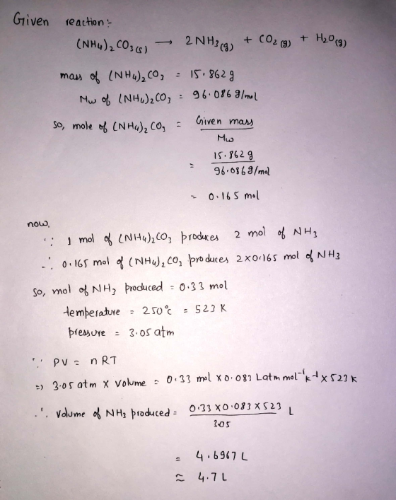 Given reaction CO2 (9) H2o9) 2NH3) + (NHu)2 CO,) man ot (NHu)2 co, 96.086 8/ml Nw of INHu)2CO Civen mars So, mole of CNHu)2 C