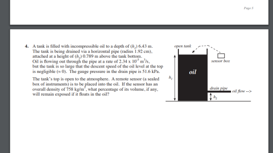 Page 5 4. A tank is filled with incompressible oil to a depth of (h,) 6.43 m open tank The tank is being drained via a horizontal pipe (radius 1.92 cm), attached at a height of (h,) 0.789 m above the tank bottom Oil is flowing out through the pipe at a rate of 2.34 x 10 m%, but the tank is so large that the descent speed of the oil level at the top is negligible (~0). The gauge pressure in the drain pipe is 51.6 kPa Sensor box 01 The tanks top is open to the atmosphere. A remote sensor (a sealedi box of instruments) is to be placed into the oil. If the sensor has an overall density of 758 kg/m, what percentage of its volume, if any will remain exposed if it floats in the oil? drain pipeoil flow