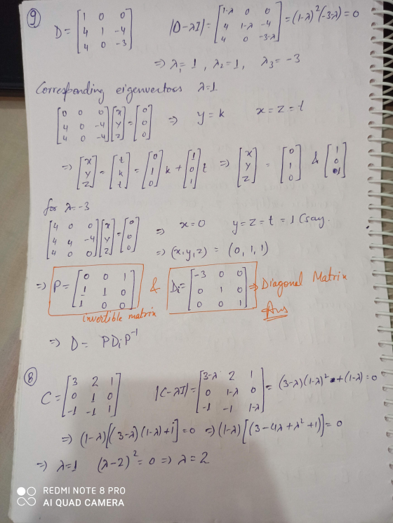 0 9) 1 0 =(1-2) ²/3x) = 10-21) 4 D=4 / 4 1-7 - 4 -3-1 4 0 -3 =) = 1, 22-1, 2--3 Corresponding eigenvectoas 9-3 0 x=2=t y=k 4