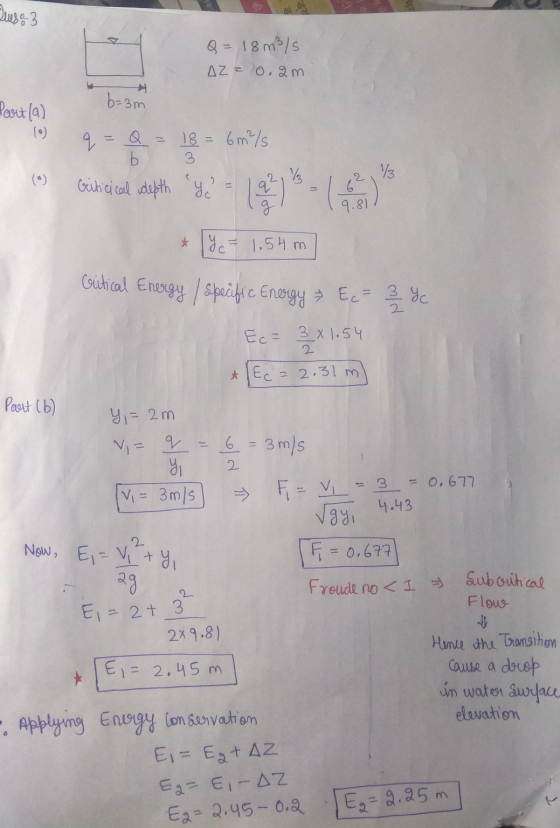 Ques: 3 Q = 18 m3/s AZ= 0.am b=3m q= Q = 18 = 6 m/s Part(a) lo Colhei cel depth yea ) * 1% = 1.54 m Critical Energy / spoific