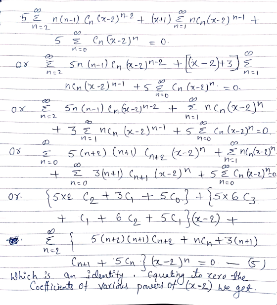 5 E n=2 no 5 E = 0 no or E n=2 na1 O 10 or E n=2 nel nal nzo or n(n-1) Cn (2-2)-2 +(2+1) E nin (x-2) h-) + en (x-2)^ sn (n-1)