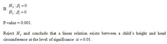 HA=0 H: B=0 P-value = 0.001. Reject H, and conclude that a linear relation exists between a childs height and head circumfer